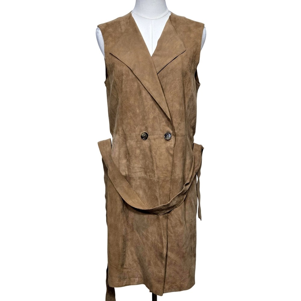 White House Black Market Suede Vest Womens Small Caramel Belted Double Breasted